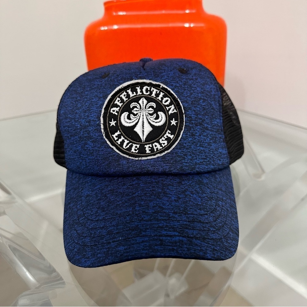 Affliction Blue Black Snapback Mesh Trucker Hat Live Fast Patch Casual EUC